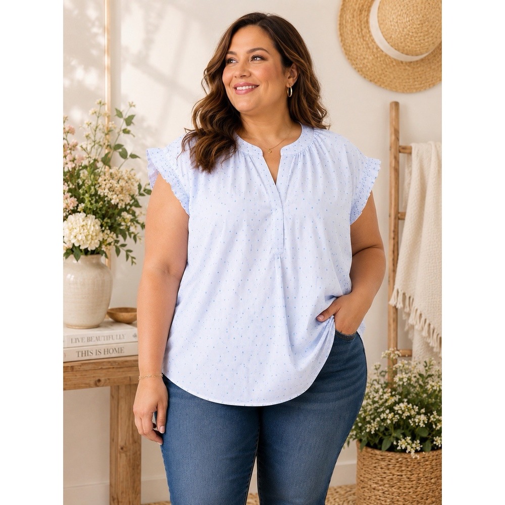 Lane Bryant Women's 22/24 Blue White Stripe Dot Blouse Ruffle Sleeve NWT